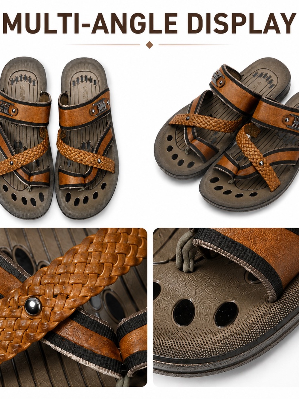 Braided Strap Slide Sandals in Brown and Gray - Picture 3 of 6